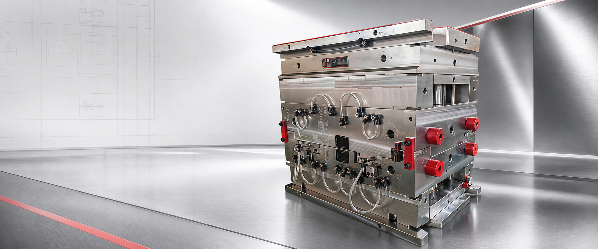 Automotive console injection mold on a reflective shop floor with technical drawing overlay in the background