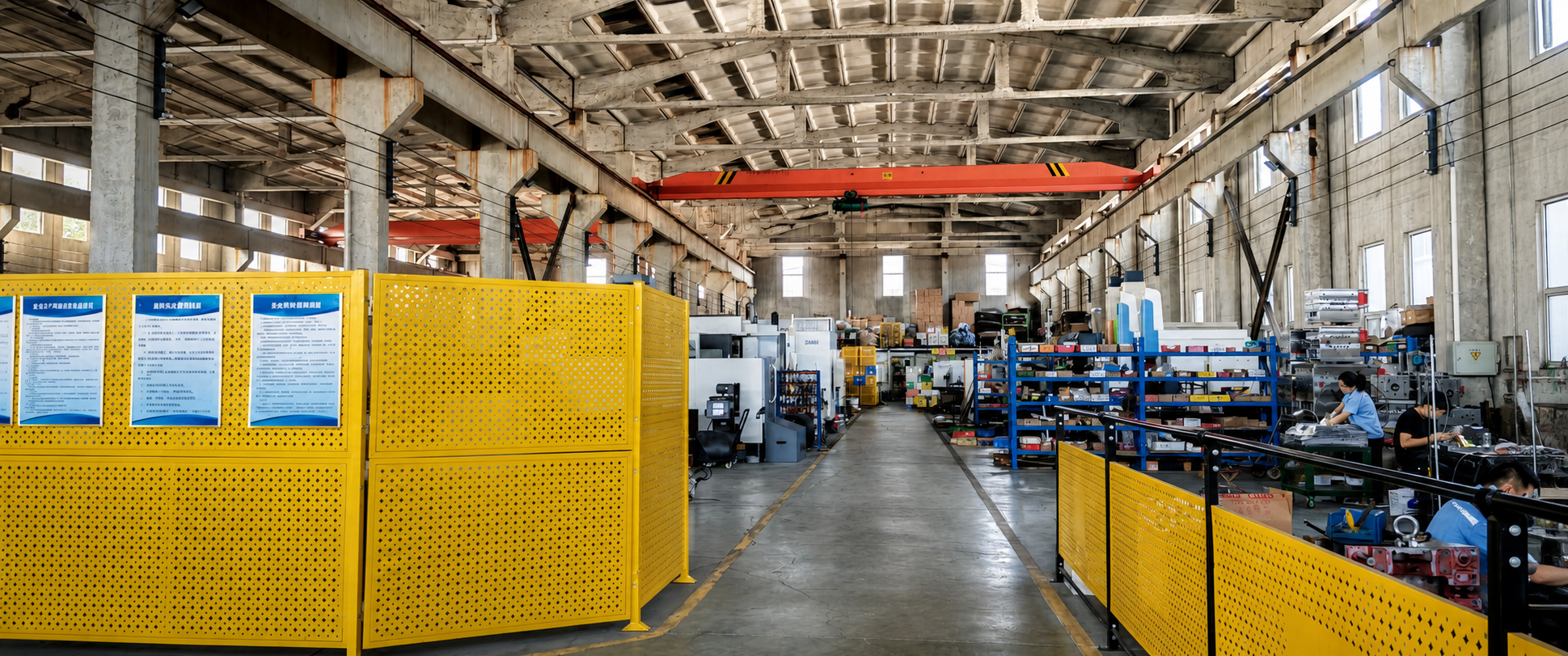 Workshop view showing safety partitions, CNC equipment and staff working at assembly benches